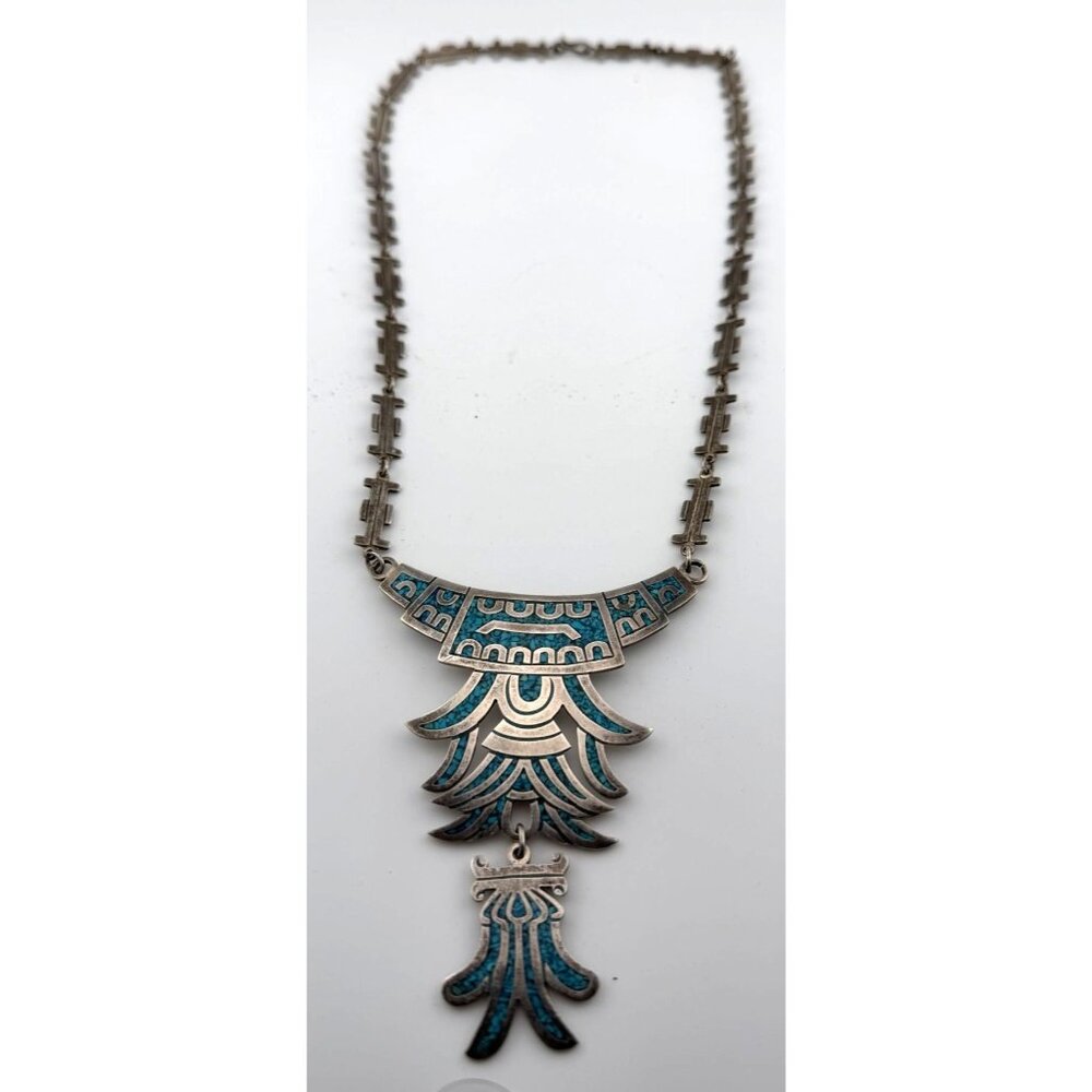 Vintage Mexican Sterling Turquoise Inlay Necklace – Modernist Statement Pendant